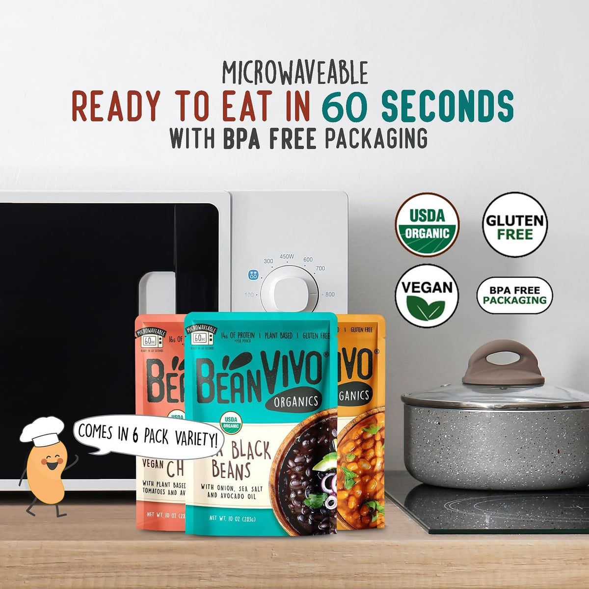 BeanVIVO Variety 6 Pack – Organic Baja Black Beans, Three Bean Vegan Chili & BBQ Pinto Beans
