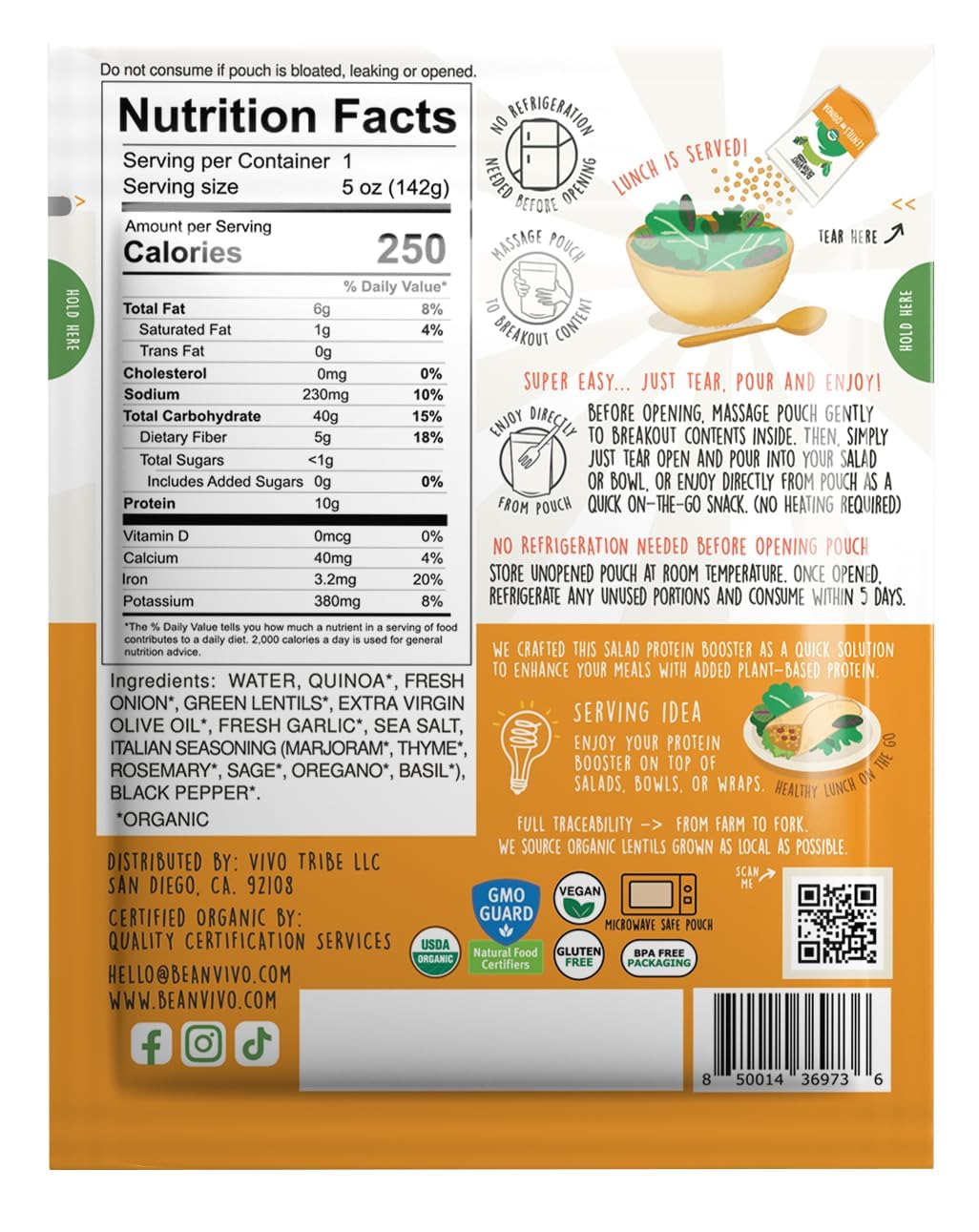 BeanVIVO 6-Pack Salad Protein Booster - Organic Lentils & Quinoa with Garlic & Herbs, 10g Protein per Pouch, 5oz