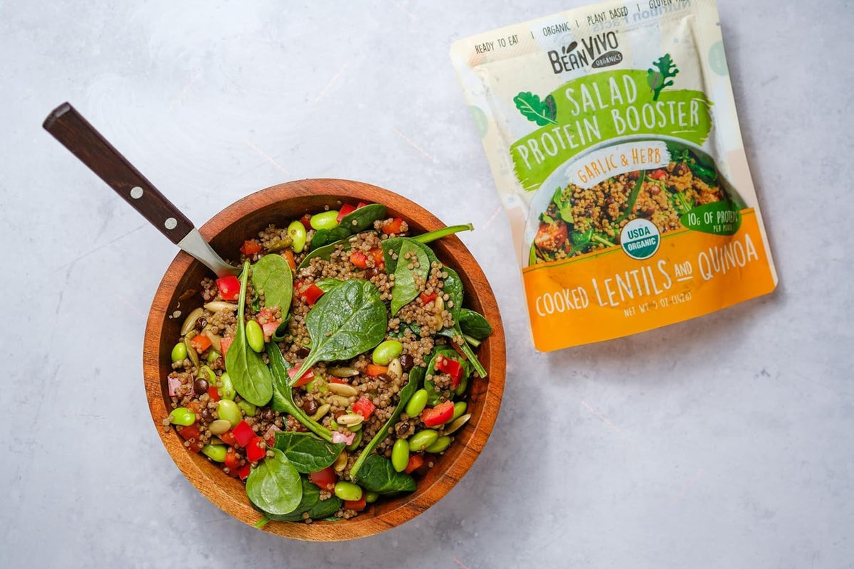 BeanVIVO 6-Pack Salad Protein Booster - Organic Lentils & Quinoa with Garlic & Herbs, 10g Protein per Pouch, 5oz