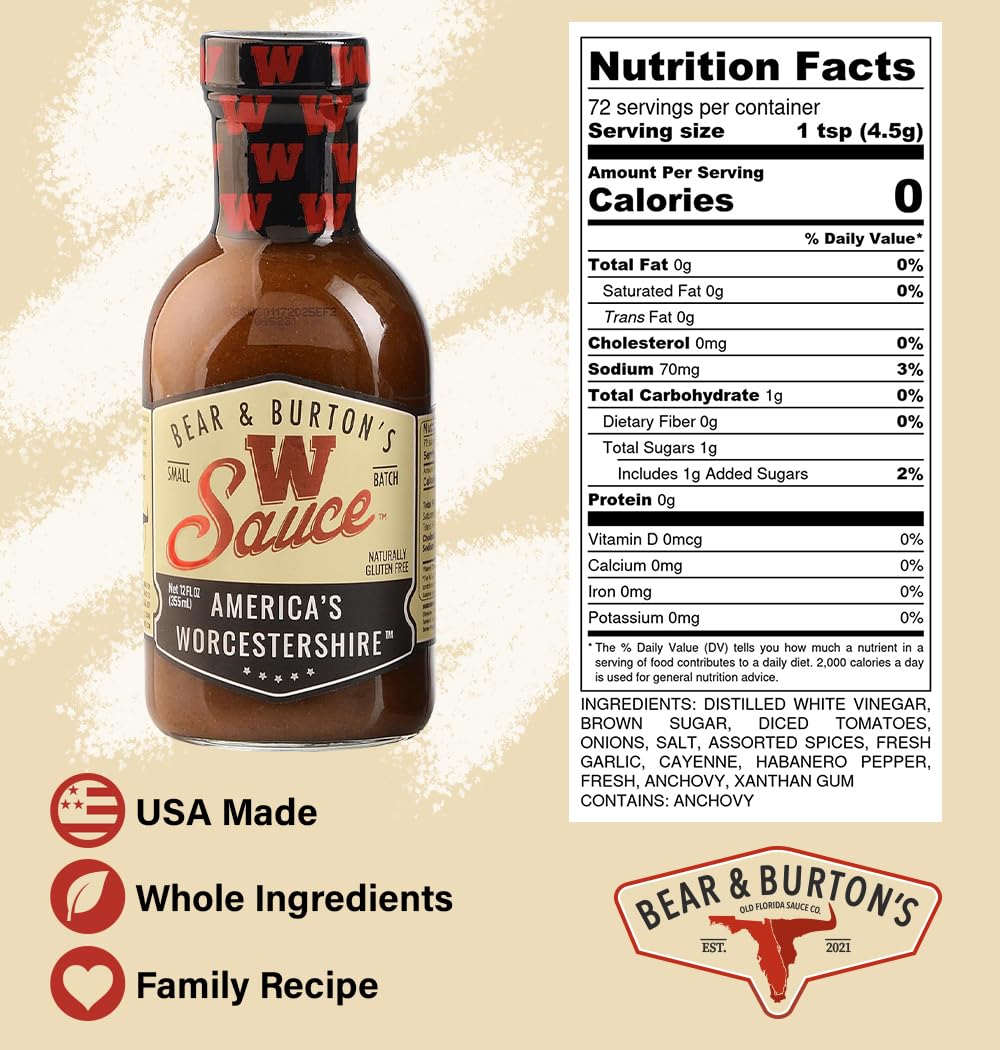 Bear and Burton's W Sauce | Distinctive Worcestershire for Steaks, Dressings & Marinades | 12 oz Pack of 2 | Old Florida Sauce Co.