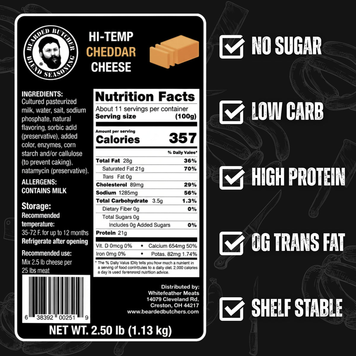 Bearded Butchers High-Temp Cheddar Cheese 2.5 lb Cubes – 400°F, For Sausage & Burgers