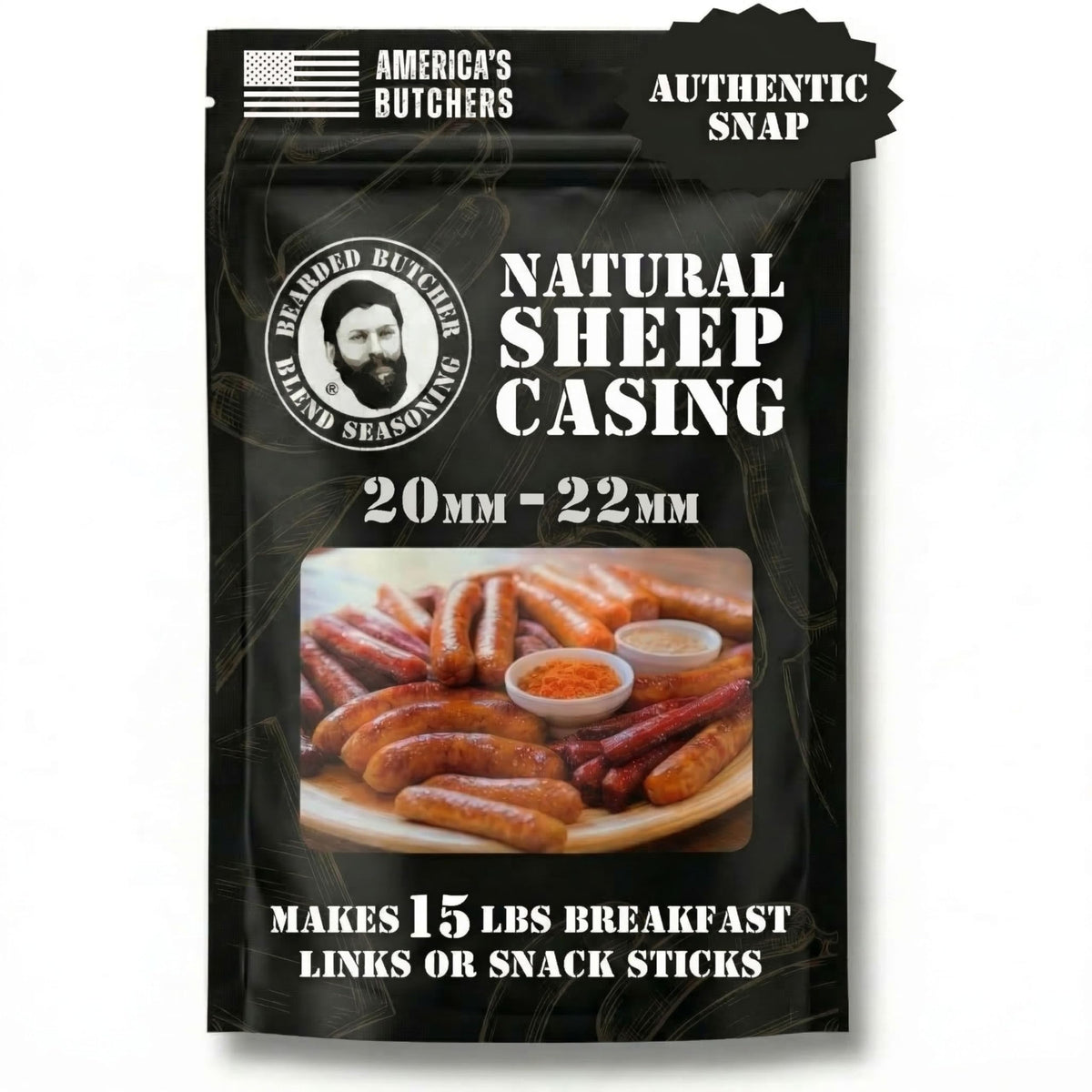 Bearded Butcher Blend Seasoning — Natural Sheep Casings 20-22mm for Homemade Sausage (Up to 15 lbs)