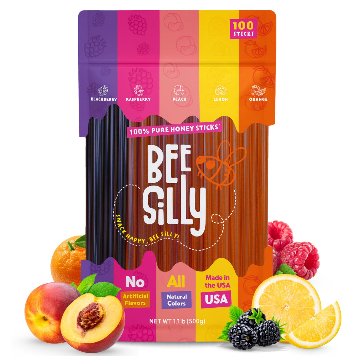 Bee Silly Flavored Honey Sticks — 15 Cal Each, USDA Grade, 100 Pack (Lemon, Orange, Raspberry, Blackberry, Peach)