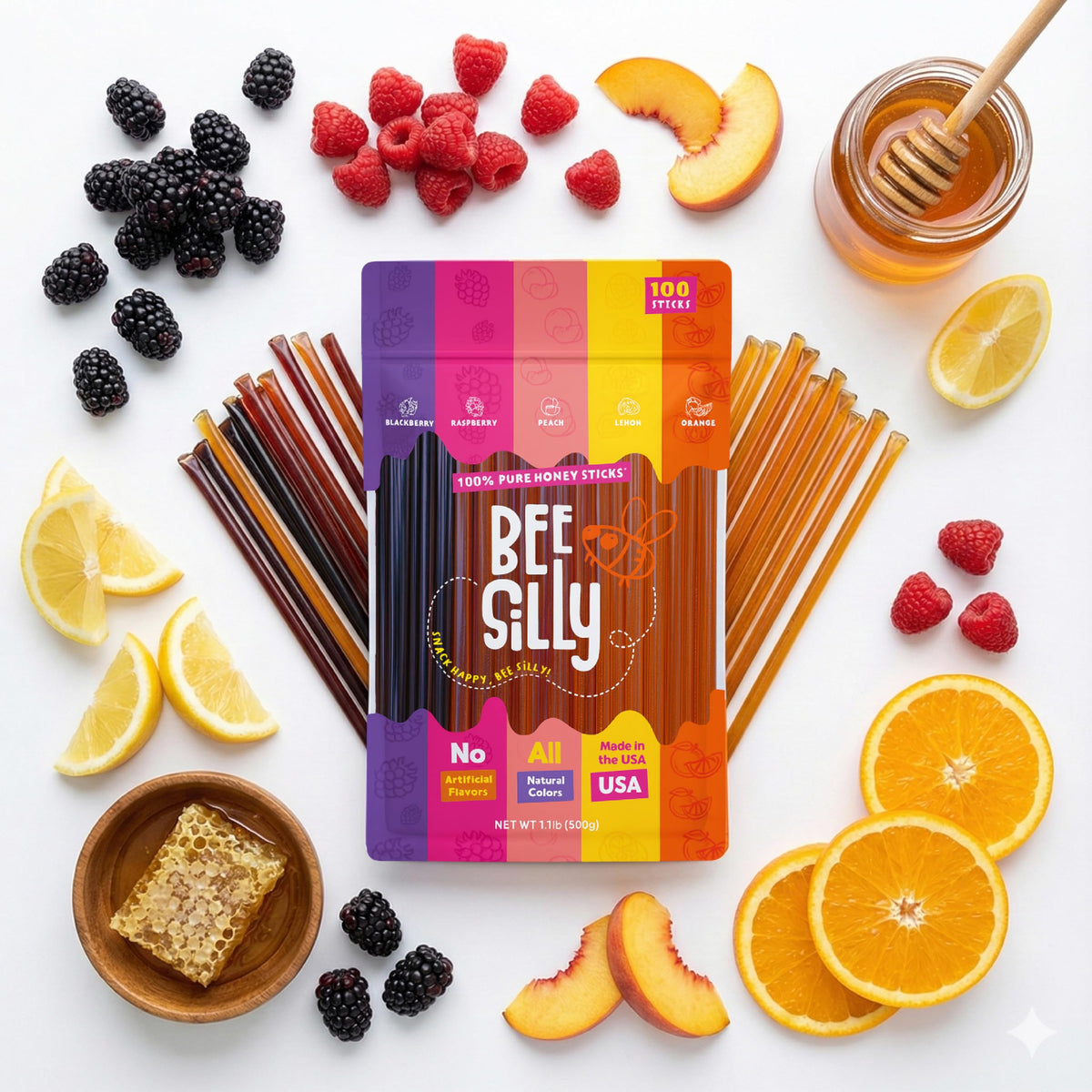 Bee Silly Flavored Honey Sticks — 15 Cal Each, USDA Grade, 100 Pack (Lemon, Orange, Raspberry, Blackberry, Peach)