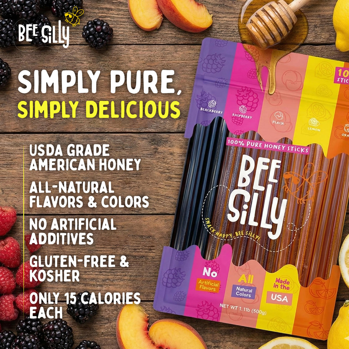 Bee Silly Flavored Honey Sticks — 15 Cal Each, USDA Grade, 100 Pack (Lemon, Orange, Raspberry, Blackberry, Peach)