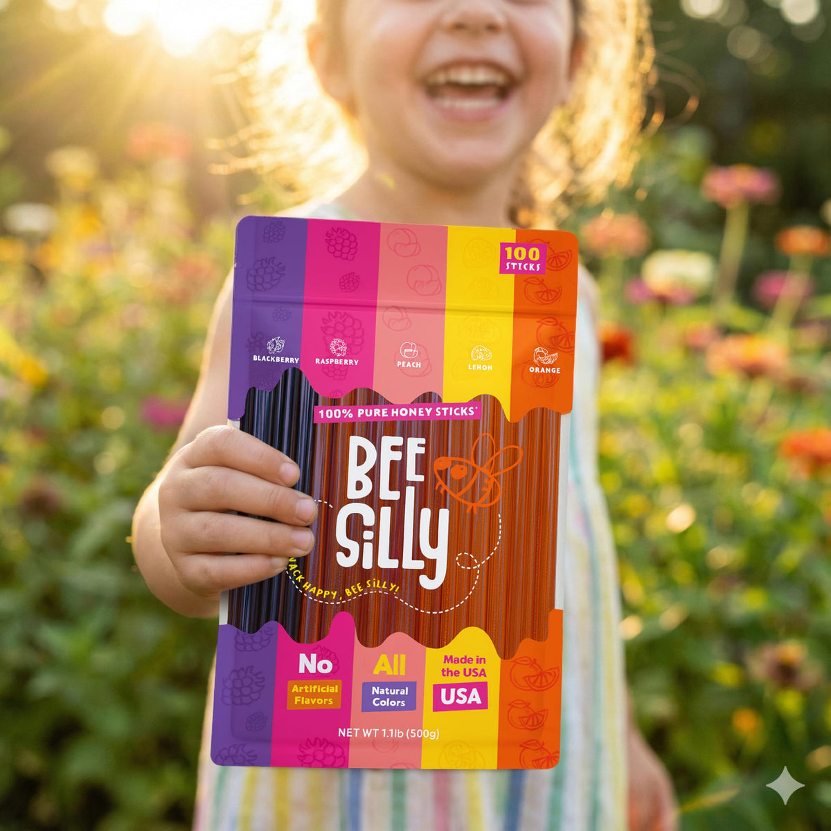 Bee Silly Flavored Honey Sticks — 15 Cal Each, USDA Grade, 100 Pack (Lemon, Orange, Raspberry, Blackberry, Peach)
