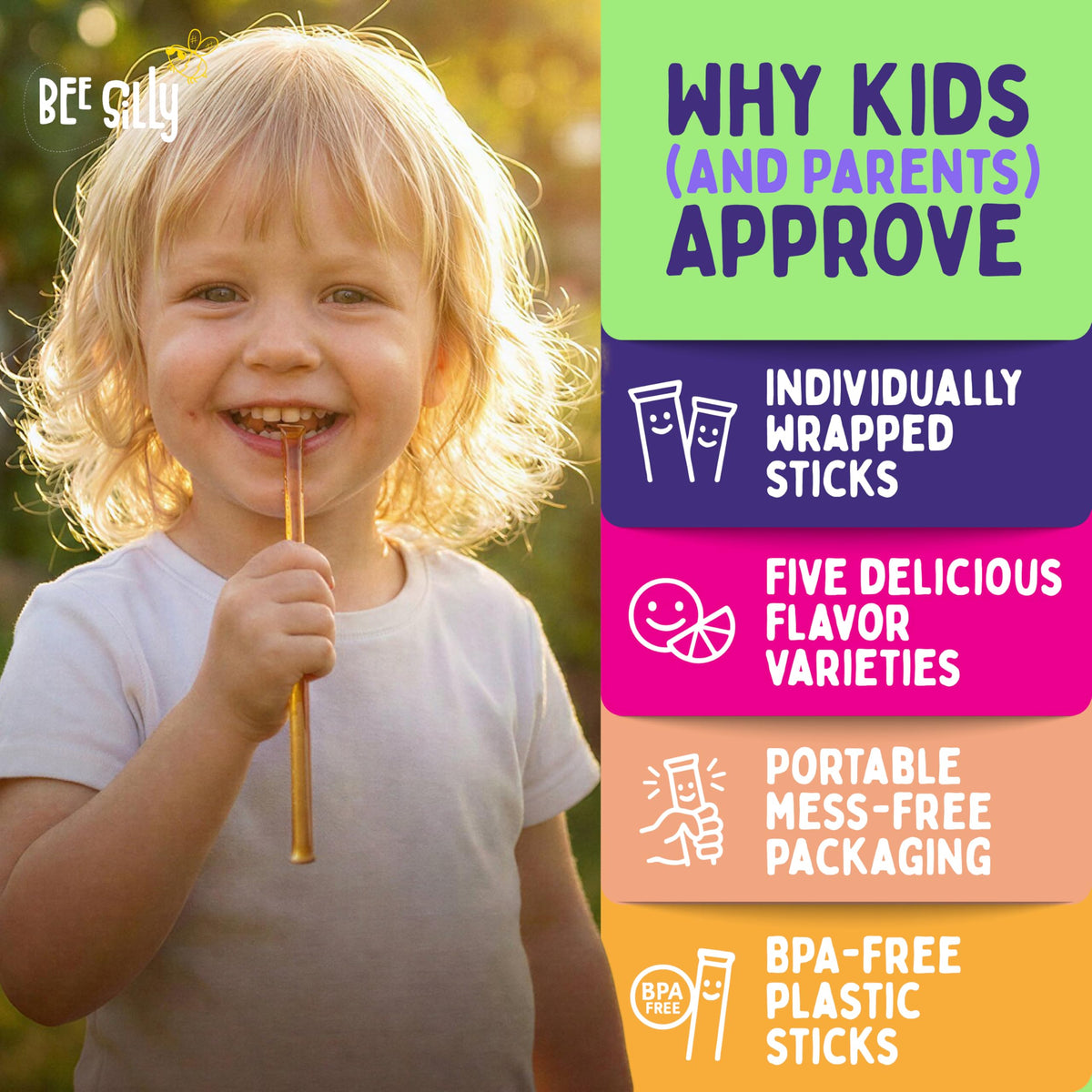 Bee Silly Flavored Honey Sticks — 15 Cal Each, USDA Grade, 100 Pack (Lemon, Orange, Raspberry, Blackberry, Peach)