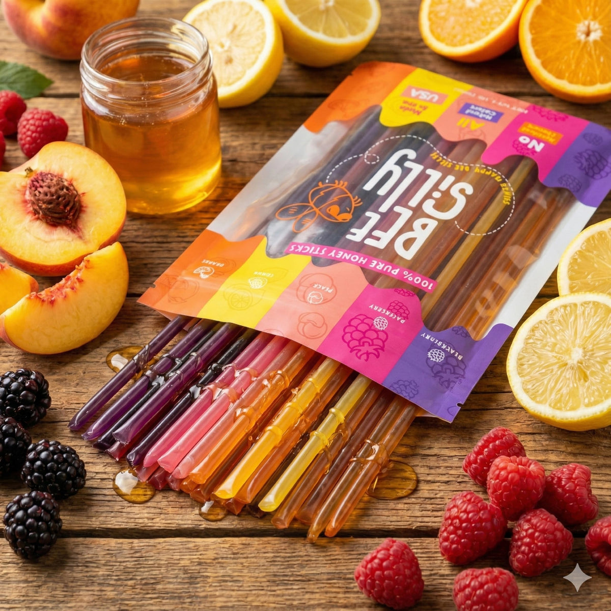Bee Silly Flavored Honey Sticks — 15 Cal Each, USDA Grade, 100 Pack (Lemon, Orange, Raspberry, Blackberry, Peach)