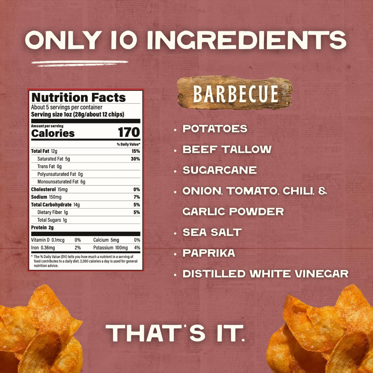 Beefy’s Own Beef Tallow Potato Chips – Gluten-Free Thick-Cut Kettle Chips (Barbecue, 3 x 5 oz)