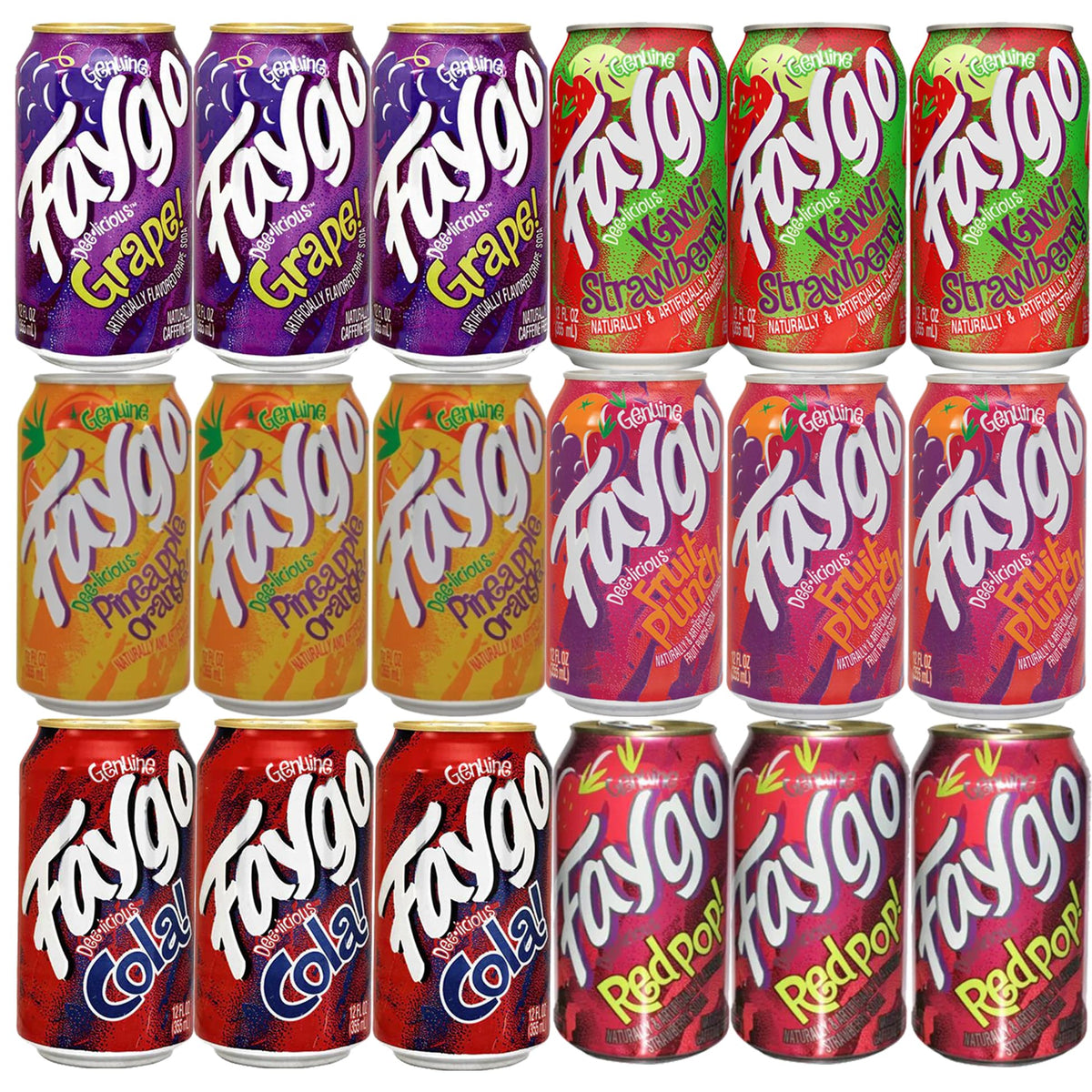 BeeQ Faygo Variety Soda Pack — 18 Cans, 6 Flavors (Redpop, Kiwi Strawberry, Fruit Punch, Pineapple Orange, Cola, Grape)