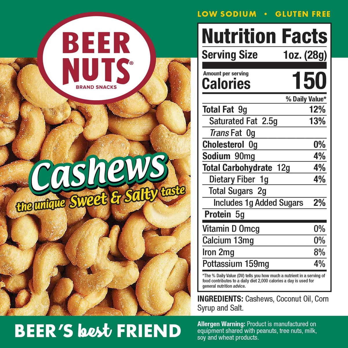 Beer Nuts Cashews – Sweet & Salty Flavor, Gluten Free, Kosher, Low Sodium | American Made Since 1937 (41oz)