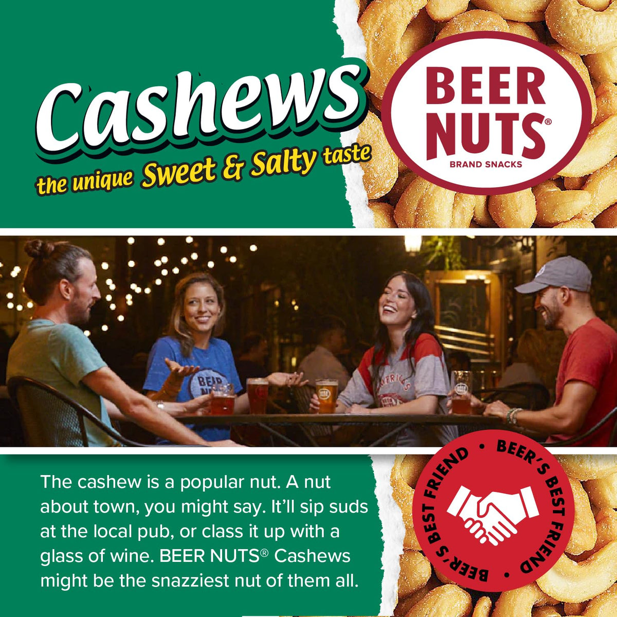 Beer Nuts Cashews – Sweet & Salty Flavor, Gluten Free, Kosher, Low Sodium | American Made Since 1937 (41oz)
