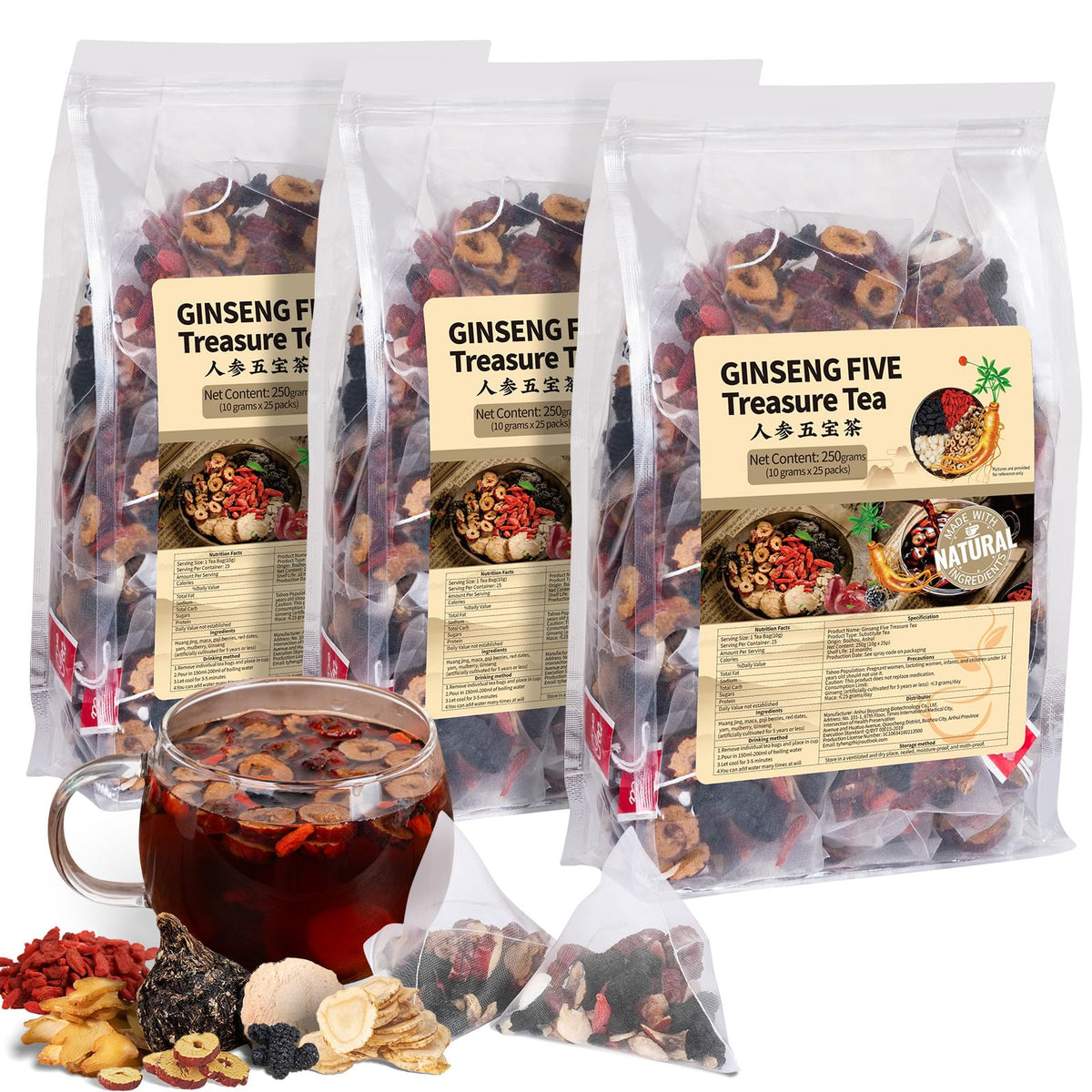 BeleePlanner Ginseng Five Treasures Kidney Tea - 3 Pack (75 Bags) | Traditional Chinese Herbal Detox Tea for Kidney Support