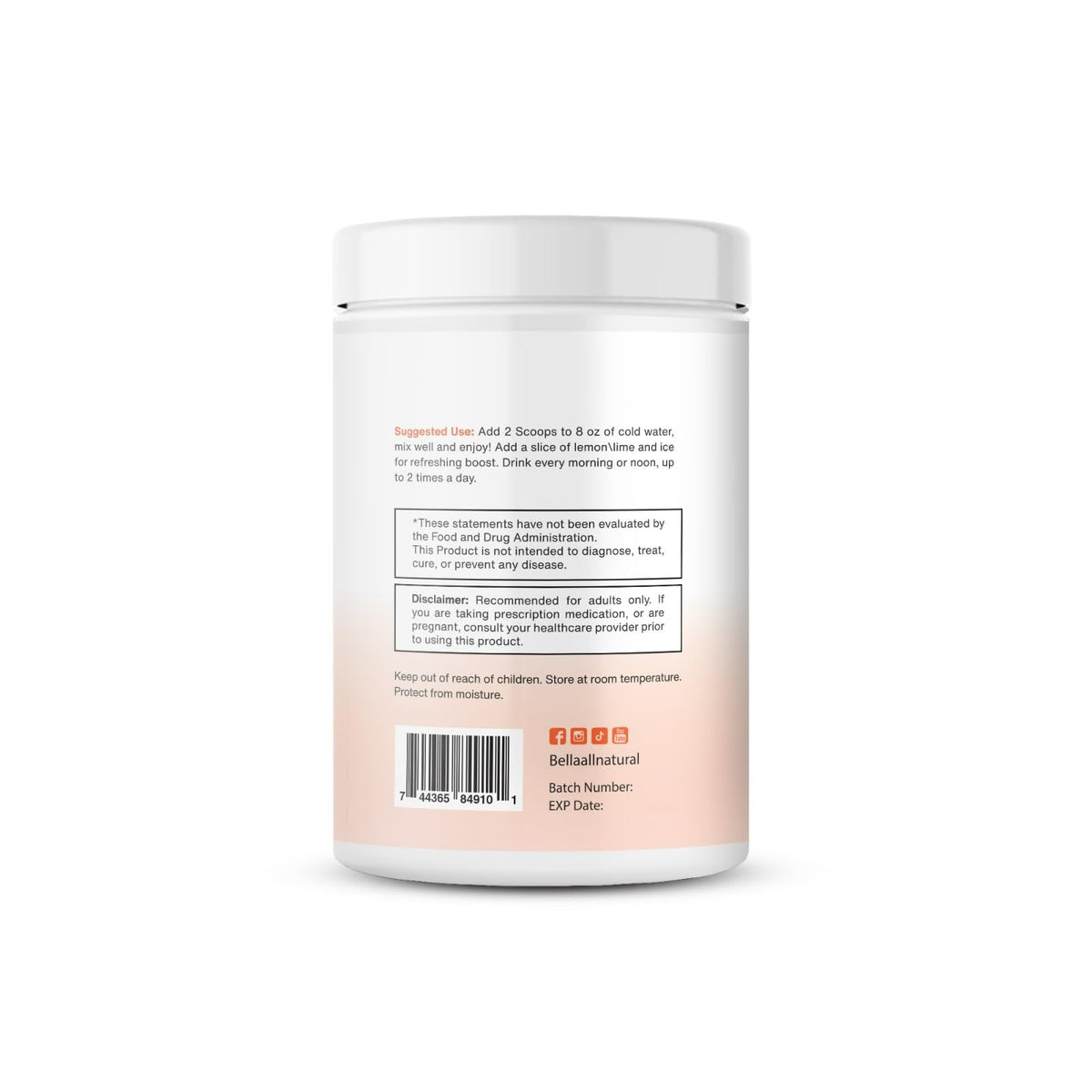 Bella All Natural Skinny Lemonade - Peach Flavor, 560g | Low-Calorie Peach Lemonade