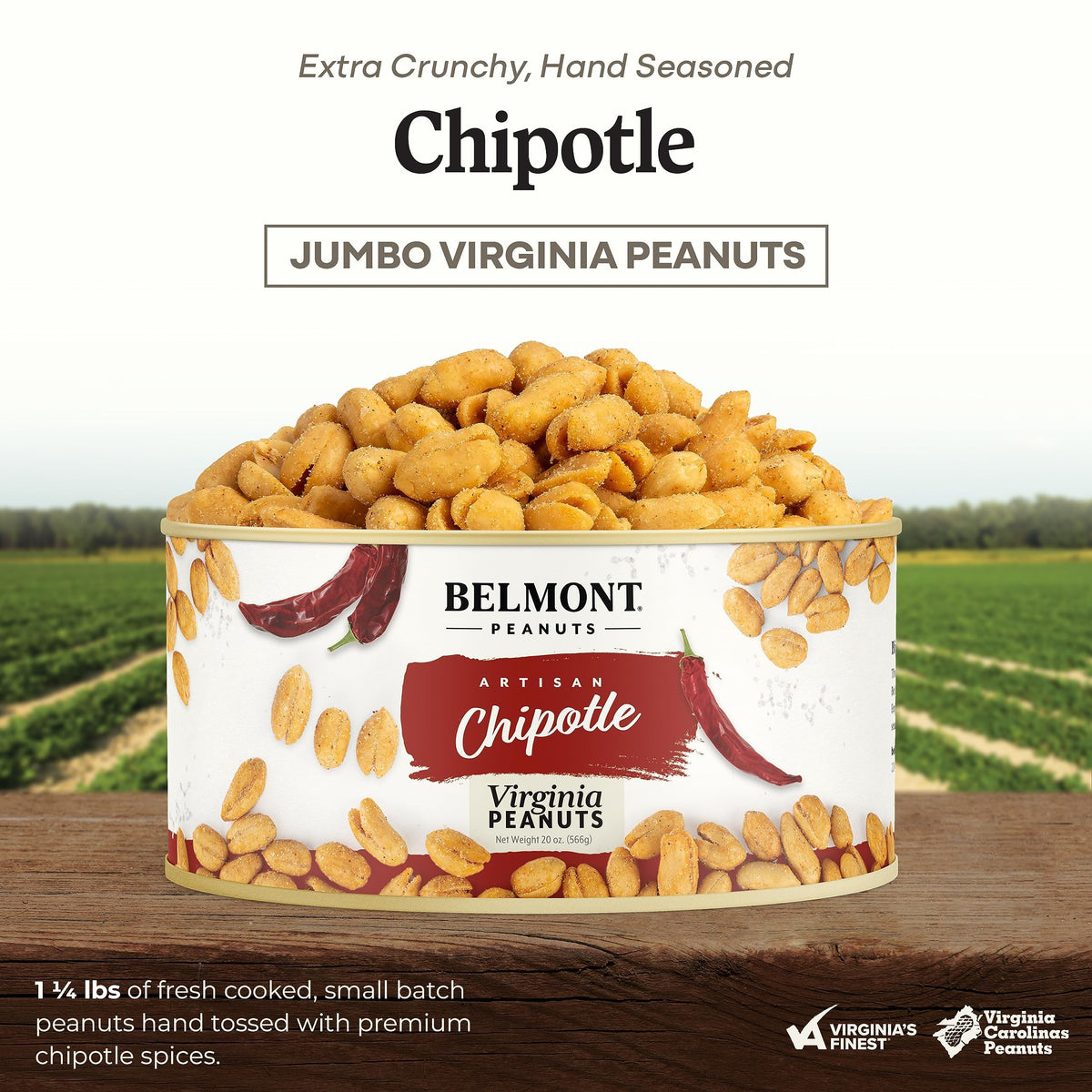 Belmont Peanuts Gourmet Chipotle & Sea Salt Virginia Peanuts, 20 oz – Hand Seasoned, No Preservatives, 7g Protein