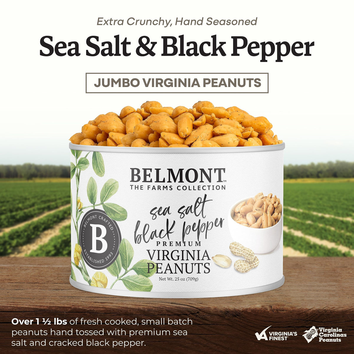 Belmont Peanuts Gourmet Sea Salt & Black Pepper Virginia Peanuts, 25 oz – Hand Seasoned, Four Ingredients, No Preservatives