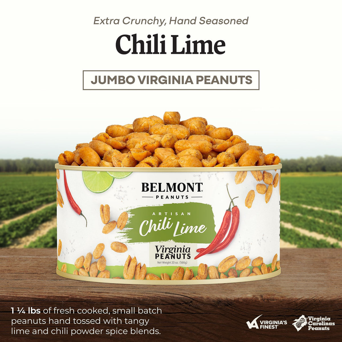 Belmont Peanuts Gourmet Chili Lime Virginia Peanuts, 20 oz – Simple Ingredients, No Preservatives, 7g Protein – Hand Seasoned, Crunchy, Citrusy, Spicy Snack