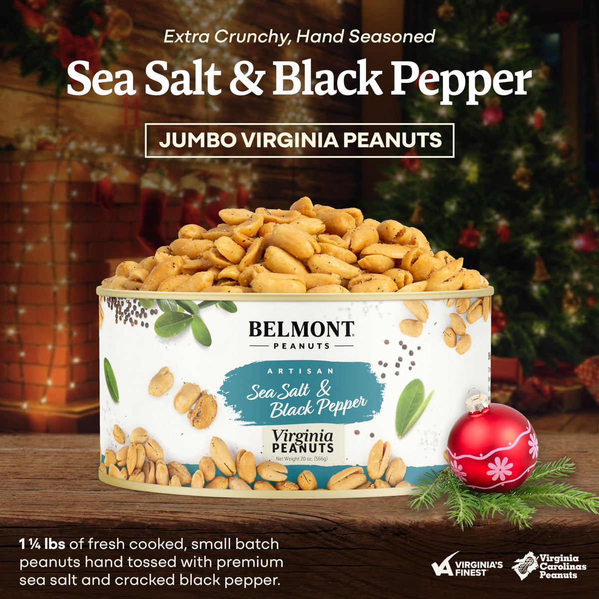 Belmont Peanuts Gourmet Sea Salt & Black Pepper Virginia Peanuts, 20 oz – Hand Seasoned, 7g Protein