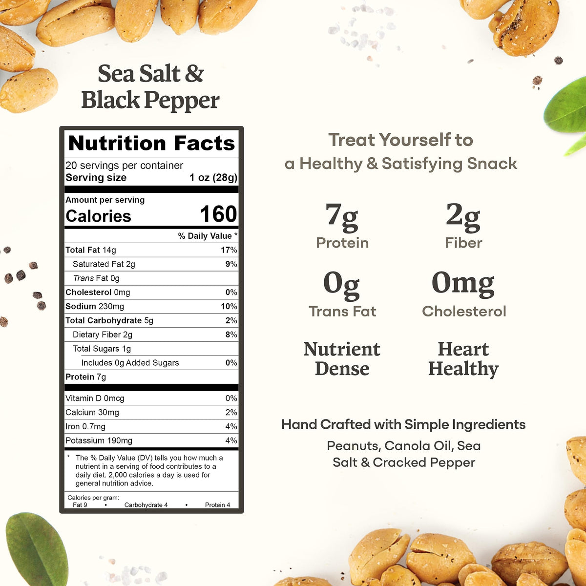 Belmont Peanuts Gourmet Sea Salt & Black Pepper Virginia Peanuts, 20 oz – Hand Seasoned, 7g Protein