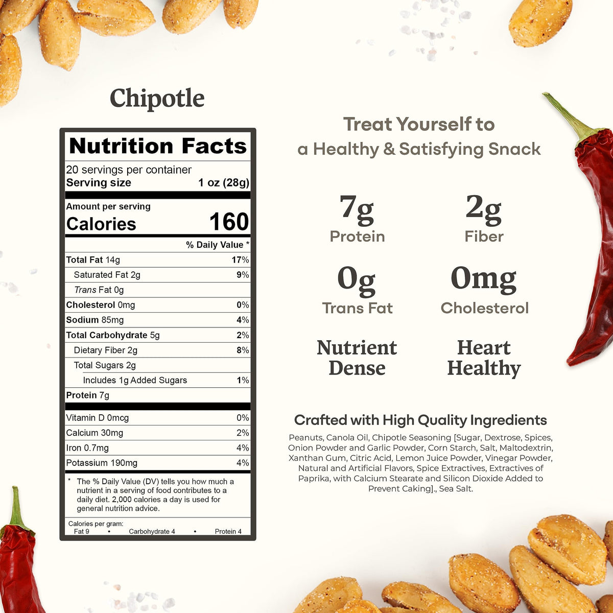 Belmont Peanuts Gourmet Chipotle & Sea Salt Virginia Peanuts, 20 oz – Hand Seasoned, No Preservatives, 7g Protein