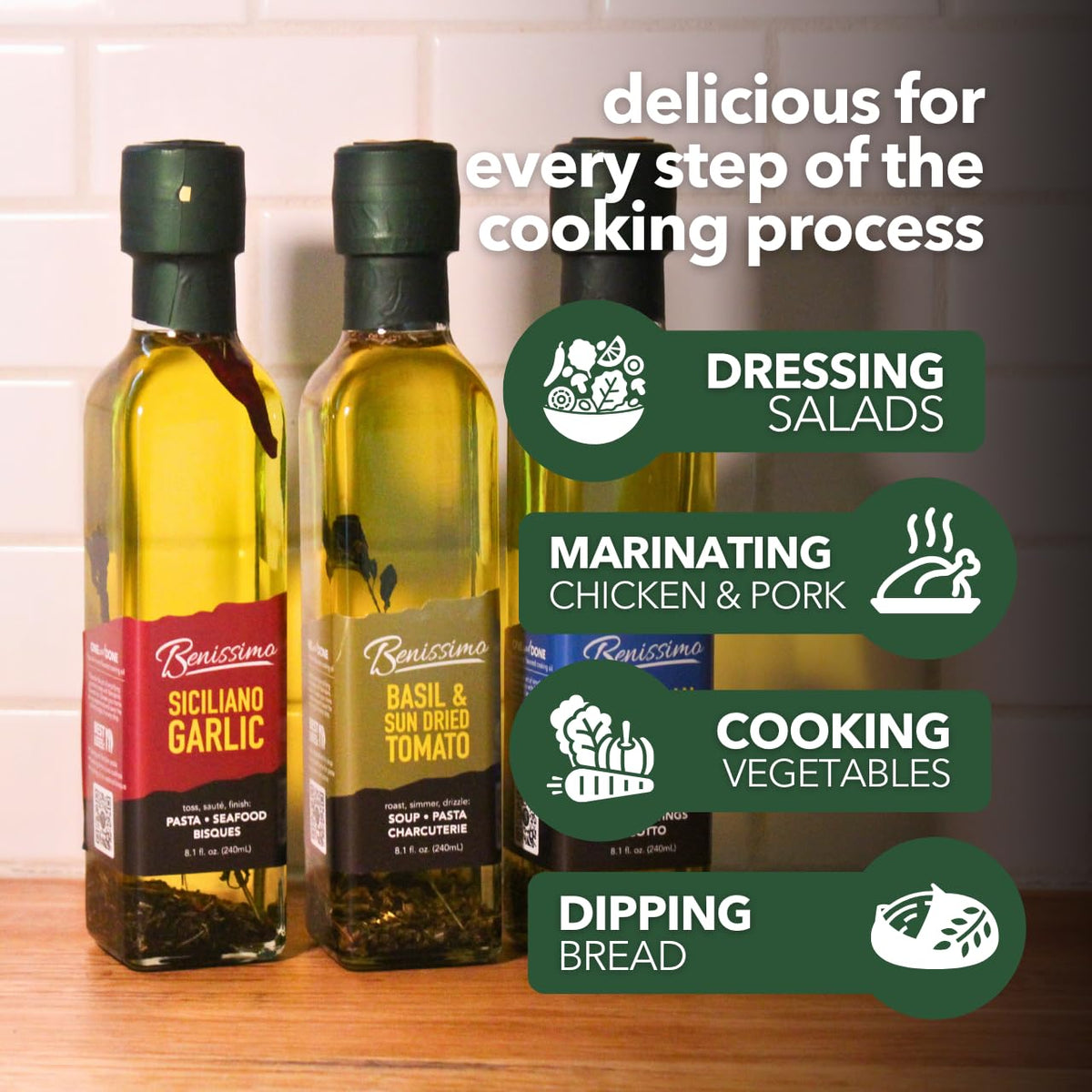 Benissimo Herb Infused Cooking Oil Chef Pack – 4 Artisan Flavored Oils (8.1 oz each): Italiano, Roasted Garlic, Mediterranean Garlic & Balsamic Garlic