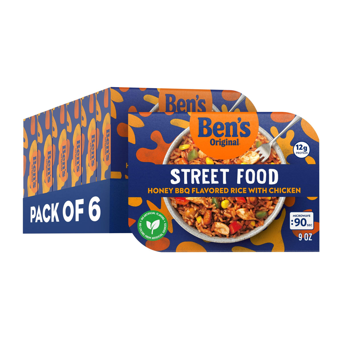 BEN'S ORIGINAL Street Food Honey BBQ Flavored Rice with Chicken — 9 oz Microwavable Entrée (Pack of 6)