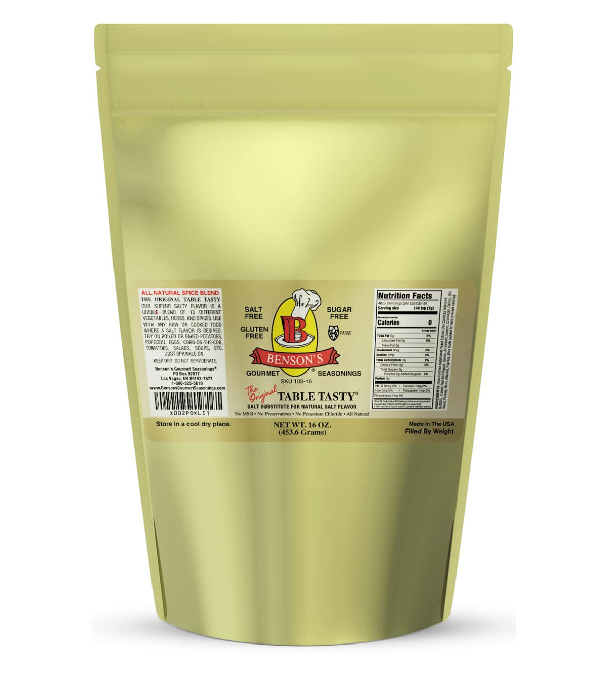 Benson's Table Tasty Salt Substitute — Salt-Free Gourmet Seasoning for Low-Sodium Kitchens | 1 lb