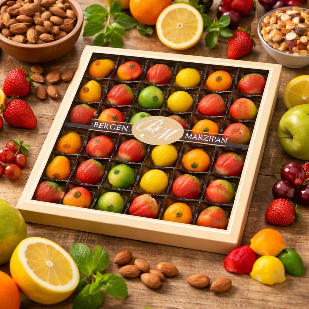 Bergen Marzipan 36-Piece Assorted Fruit Box Tray – Made in USA