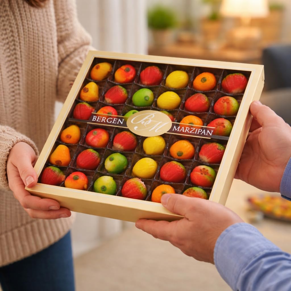 Bergen Marzipan 36-Piece Assorted Fruit Box Tray – Made in USA