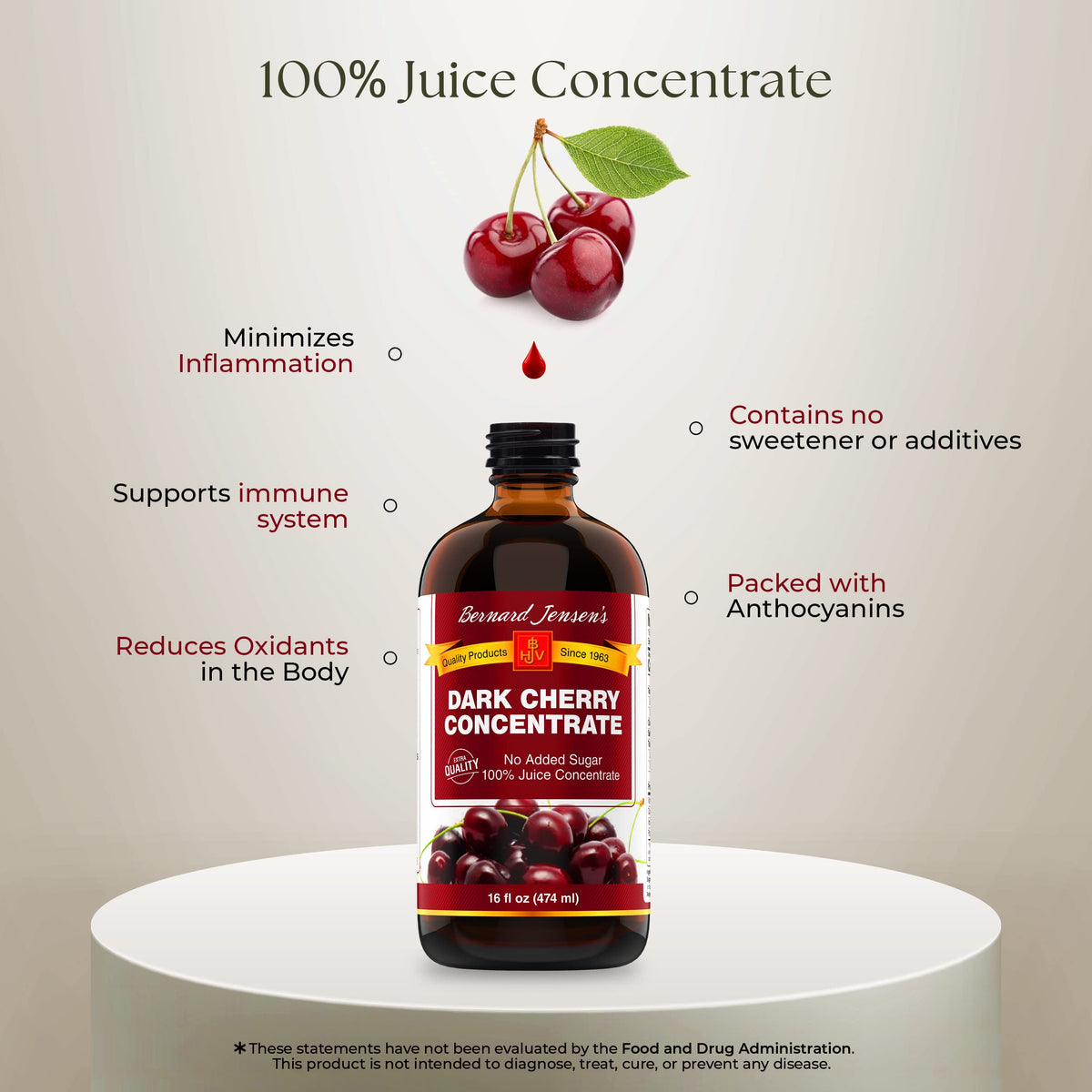 Bernard Jensen's Black Cherry Concentrate - Pure Bing Cherry Flavor, 16 oz Bottle