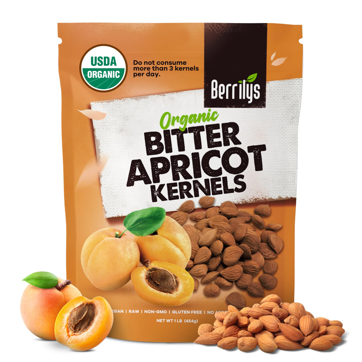 Berrilys Organic Bitter Apricot Kernels - USDA Organic, Non-GMO, 16 oz