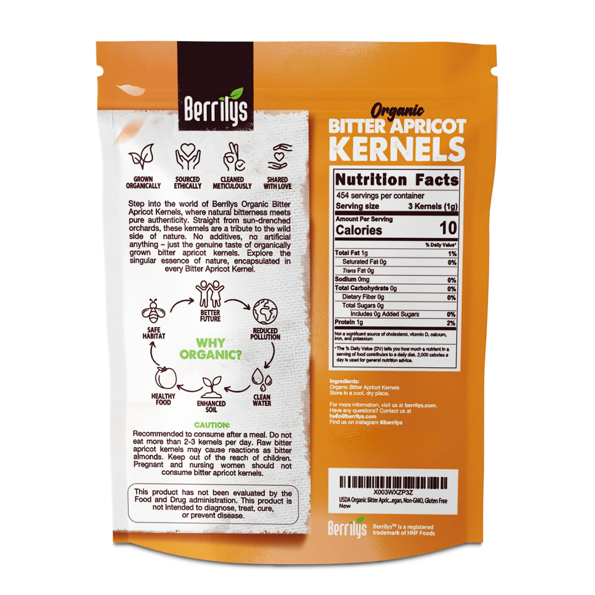 Berrilys Organic Bitter Apricot Kernels – USDA Organic, Non-GMO, 16 oz
