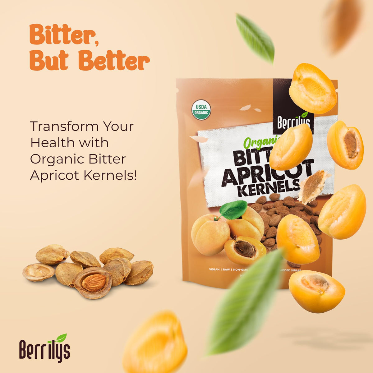 Berrilys Organic Bitter Apricot Kernels – USDA Organic, Non-GMO, 16 oz