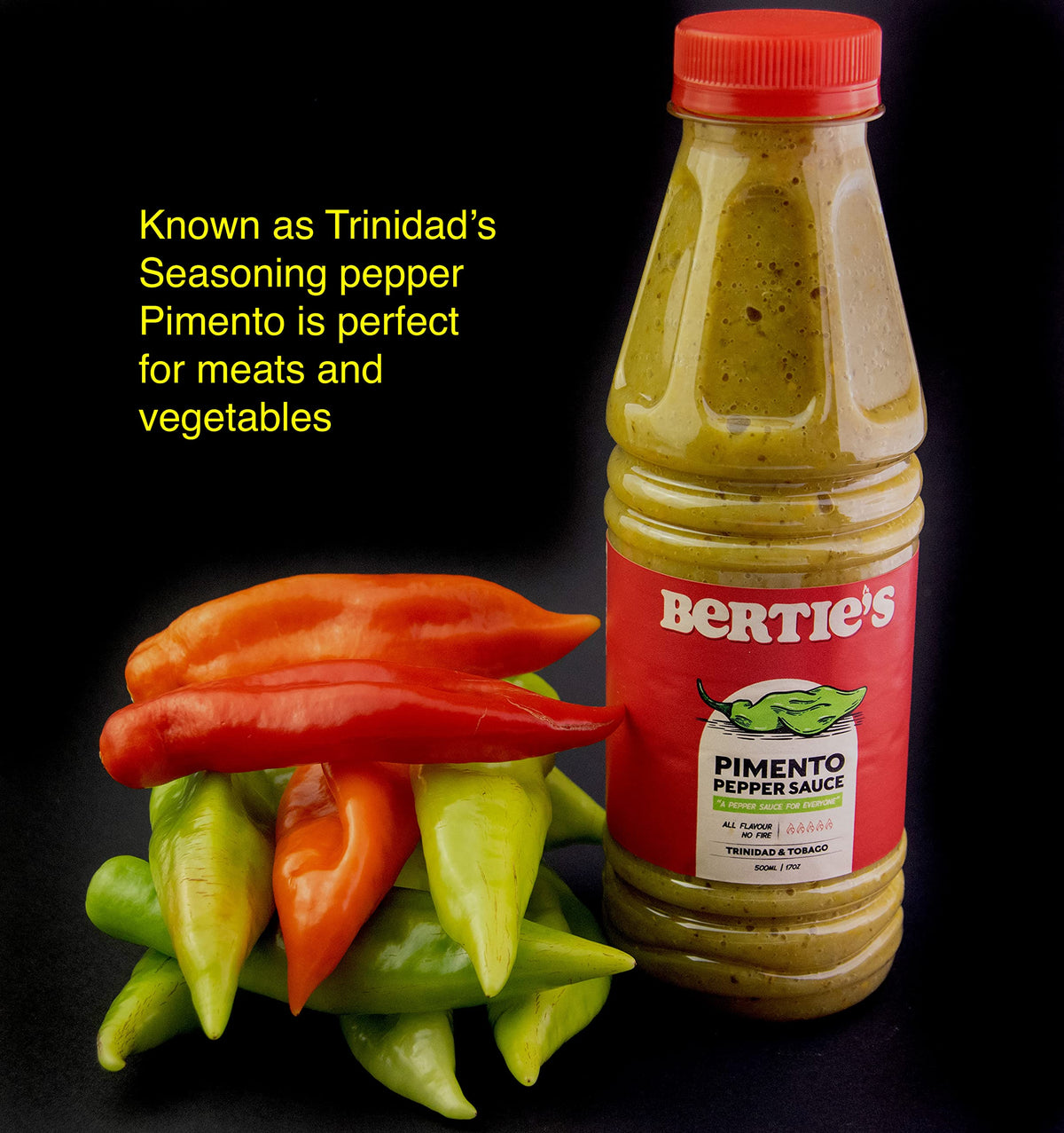Bertie's Trinidad Pimento Sauce (17 oz / 500 ml) – Mild, Flavorful Seasoning for Meats & Vegetables