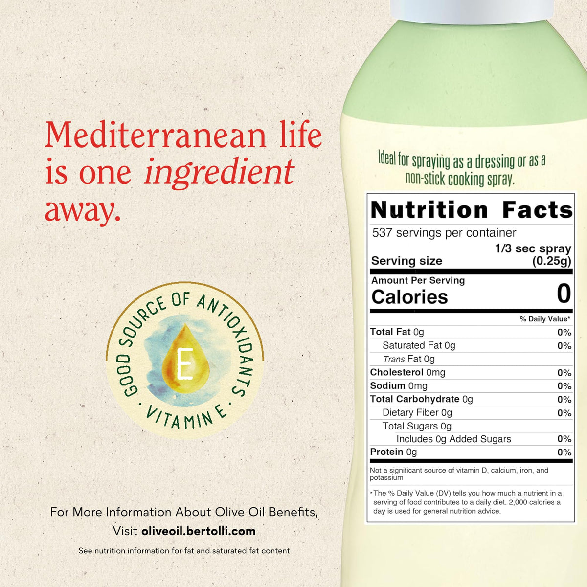 Bertolli Extra Virgin Olive Oil Spray – Rich Taste, Non-Aerosol, Polyphenols, 6 x 4.9 oz