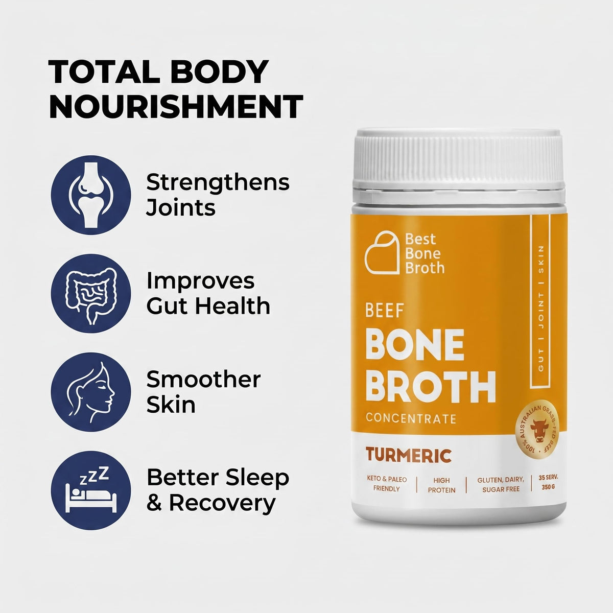 Best Bone Broth – Grass-Fed Beef Bone Broth Concentrate with Turmeric | 35 Servings