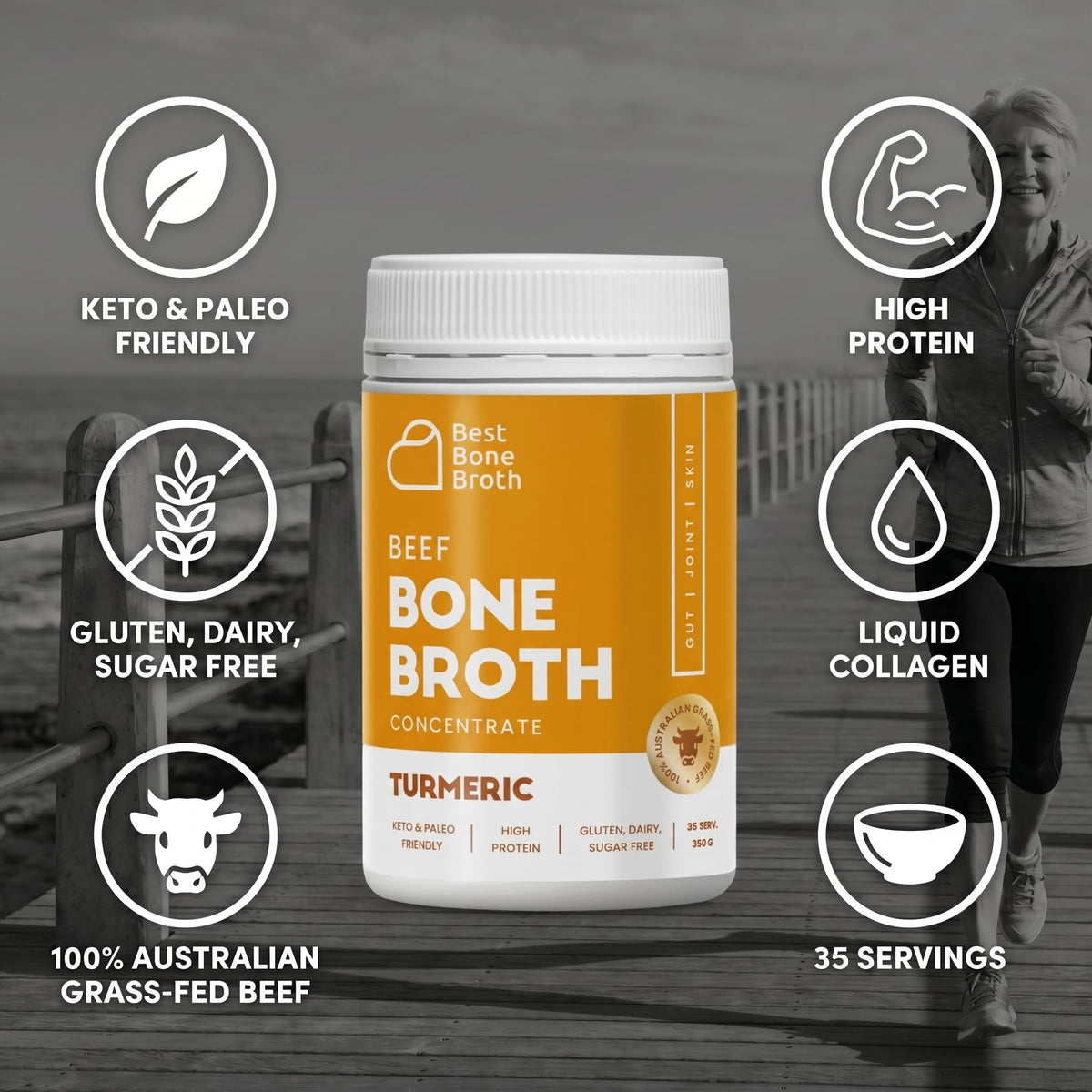 Best Bone Broth – Grass-Fed Beef Bone Broth Concentrate with Turmeric | 35 Servings