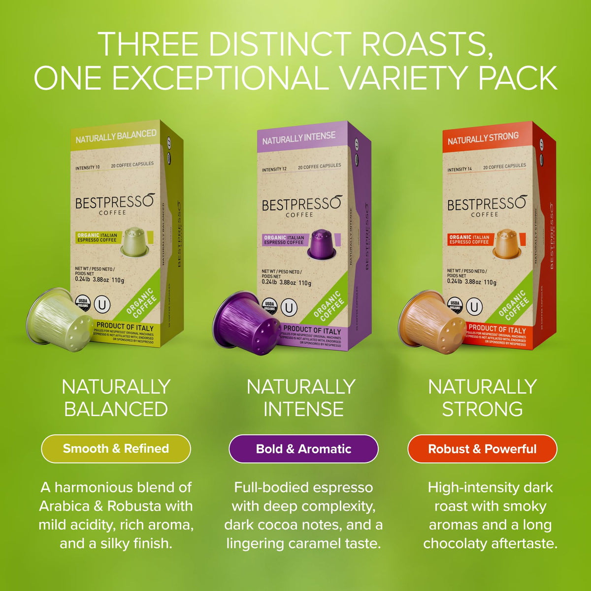 Bestpresso Organic USDA Coffee Pods for Nespresso Original Machines – 120 Pack Variety