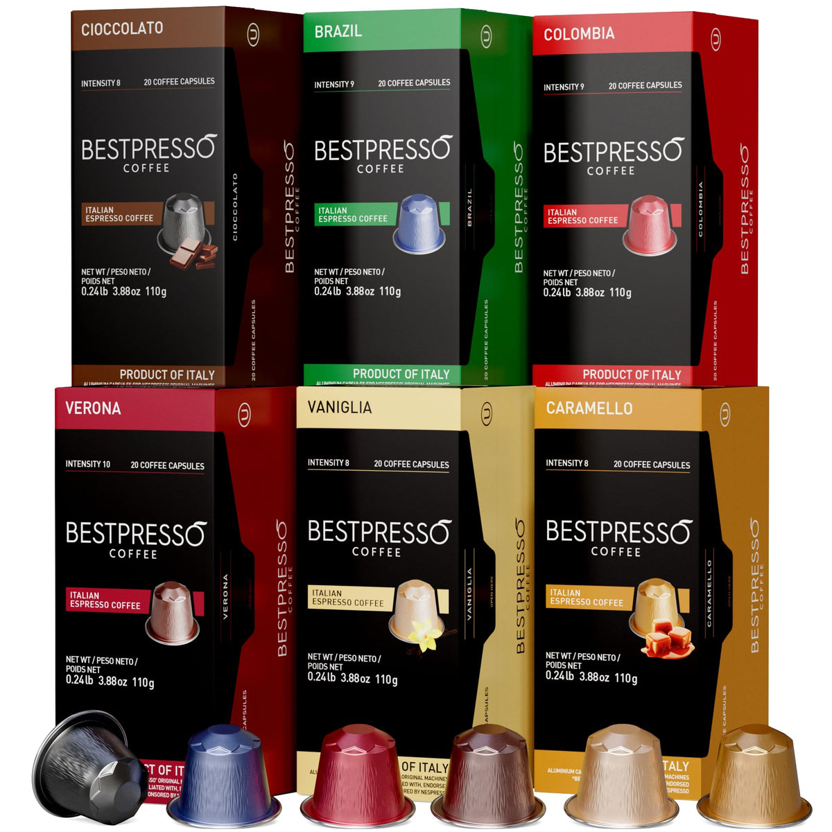 Bestpresso Nespresso Original Pods – 120 Aluminum Espresso Capsules, Flavored & Dark Roast Variety Pack