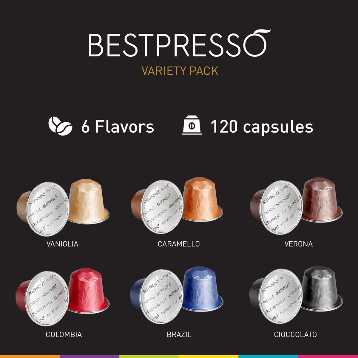 Bestpresso Nespresso Original Pods – 120 Aluminum Espresso Capsules, Flavored & Dark Roast Variety Pack