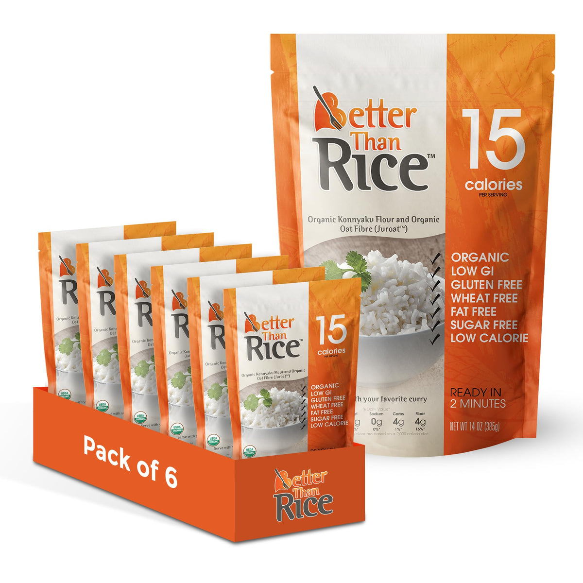 Better Than Noodles Organic Shirataki Rice – Zero Net Carbs, Low Calorie, Ready-to-Eat 6-Pack