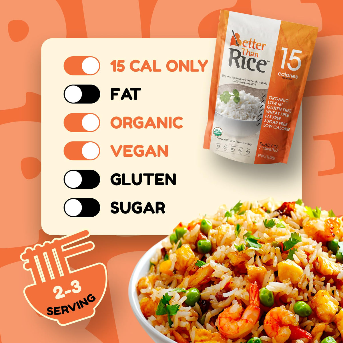 Better Than Noodles Organic Shirataki Rice – Zero Net Carbs, Low Calorie, Ready-to-Eat 6-Pack