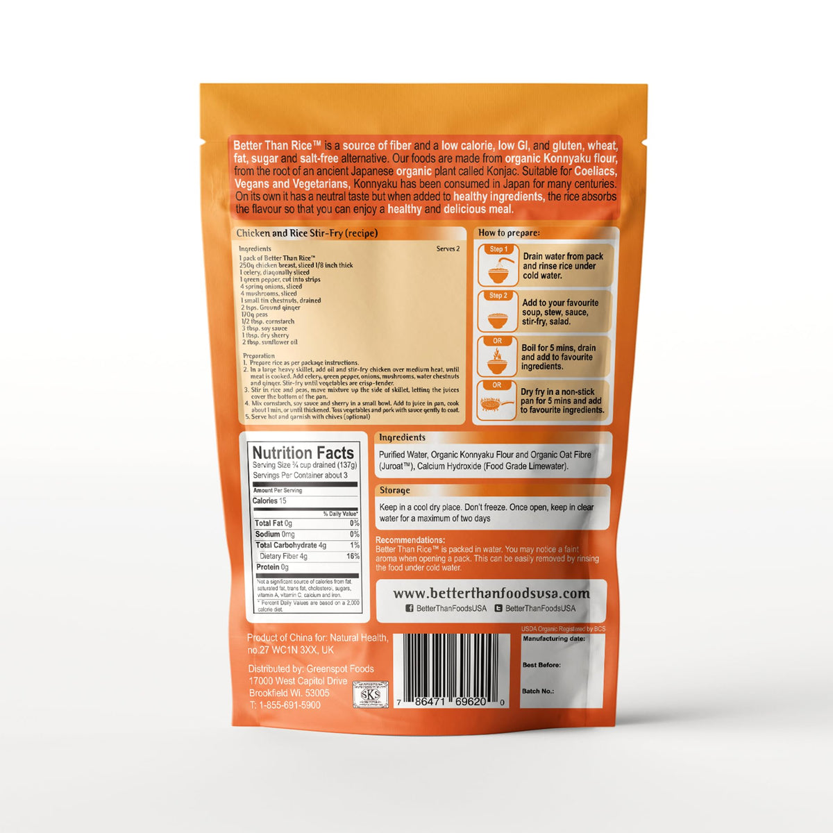 Better Than Noodles Organic Shirataki Rice – Zero Net Carbs, Low Calorie, Ready-to-Eat 6-Pack