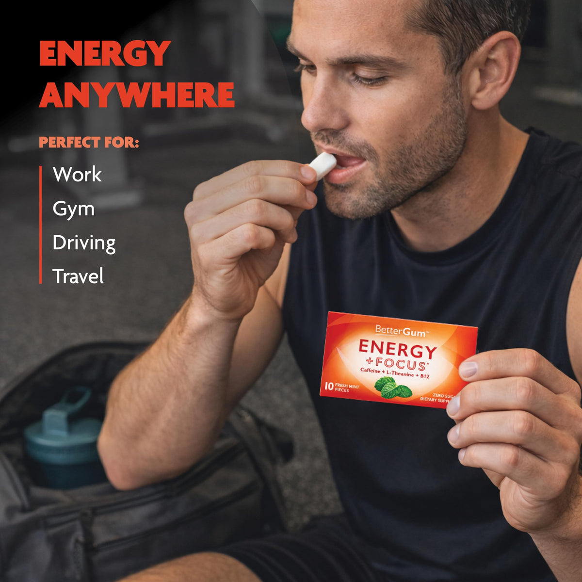 BetterGum Energy & Focus Gum with Caffeine, L-Theanine, Vitamin B12 – Sugar-Free Mint, 60 Pieces