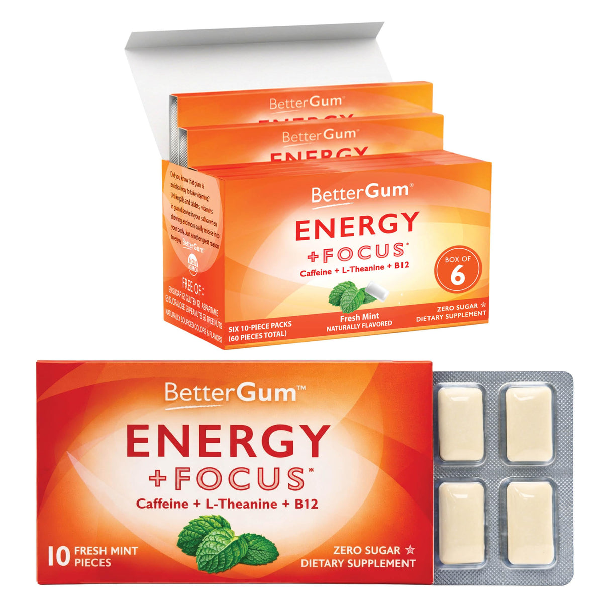 BetterGum Energy & Focus Gum with Caffeine, L-Theanine, Vitamin B12 – Sugar-Free Mint, 60 Pieces