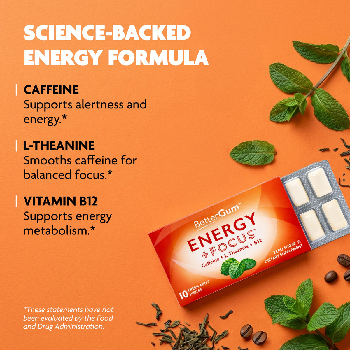BetterGum Energy & Focus Gum with Caffeine, L-Theanine, Vitamin B12 – Sugar-Free Mint, 60 Pieces