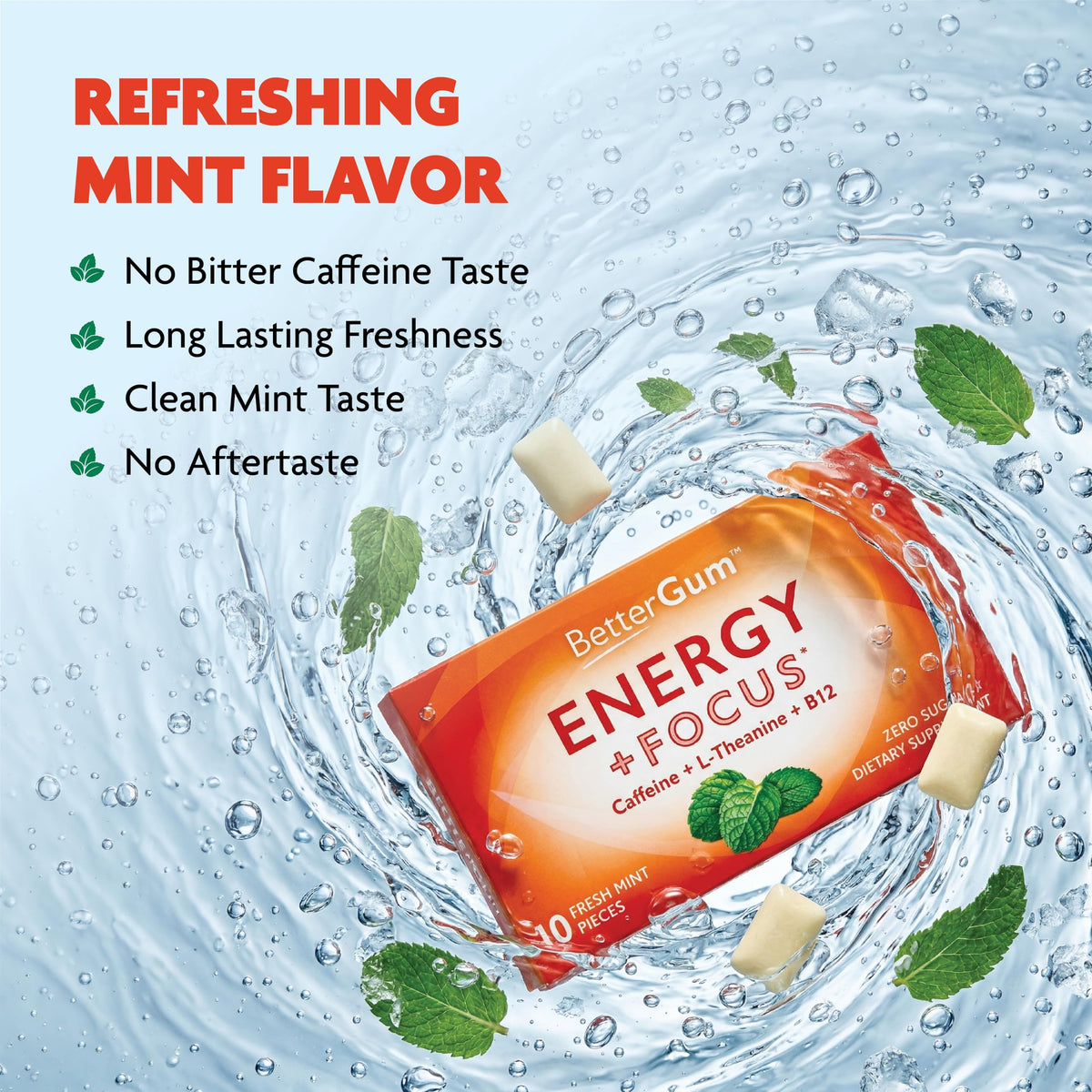 BetterGum Energy & Focus Gum with Caffeine, L-Theanine, Vitamin B12 – Sugar-Free Mint, 60 Pieces