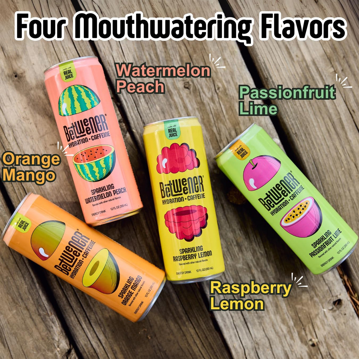 Betweener Sparkling Energy Seltzer – Real Juice Flavor, 100mg Caffeine, 45 Cals, L-Theanine, 12-Pack Variety
