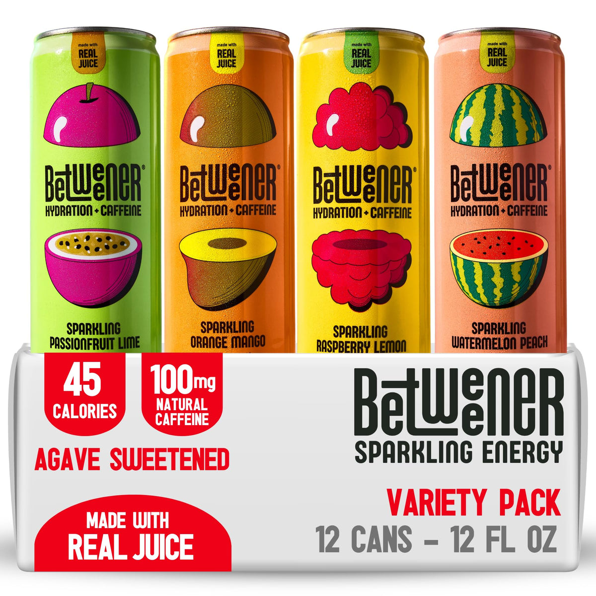 Betweener Sparkling Energy Seltzer – Real Juice Flavor, 100mg Caffeine, 45 Cals, L-Theanine, 12-Pack Variety