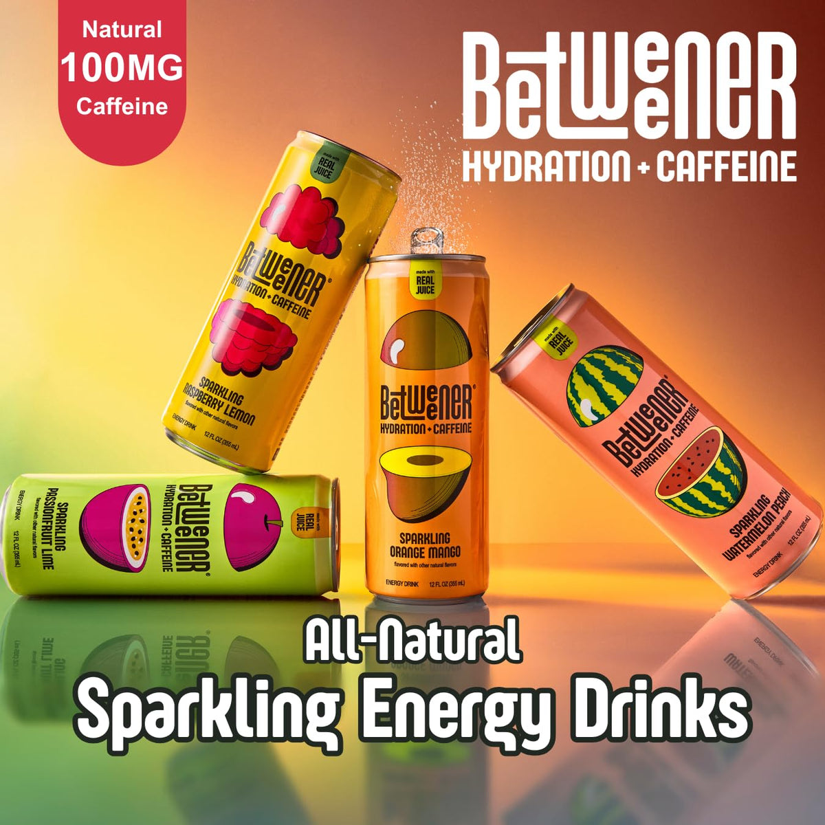 Betweener Sparkling Energy Seltzer – Real Juice Flavor, 100mg Caffeine, 45 Cals, L-Theanine, 12-Pack Variety